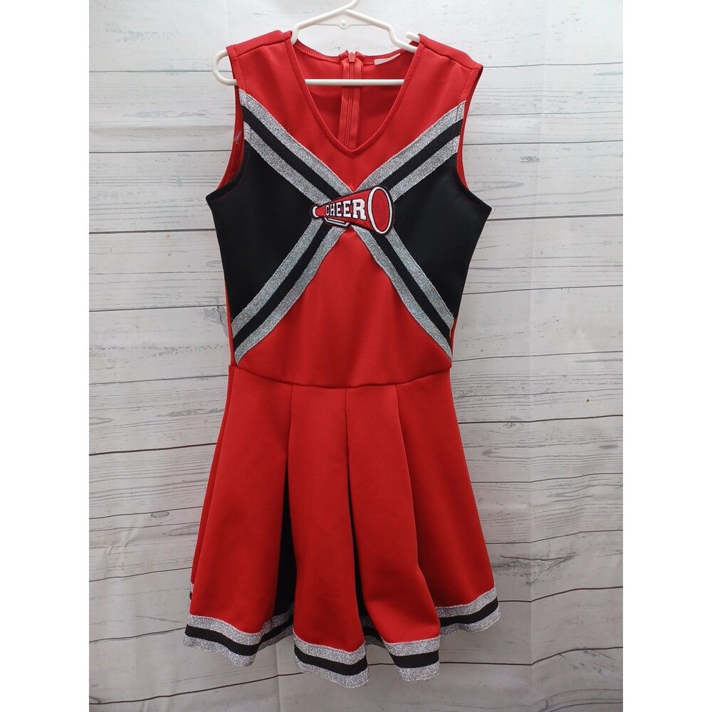 Girls Spirit Cheerleader Outfit Costume Red Black Silver Skirt Youth Sz L